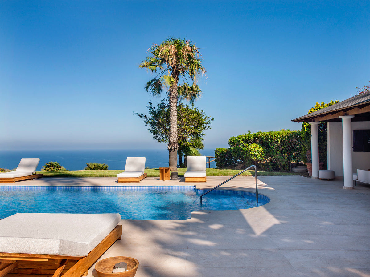 Piscina con tumbonas, palmera y vistas al mar